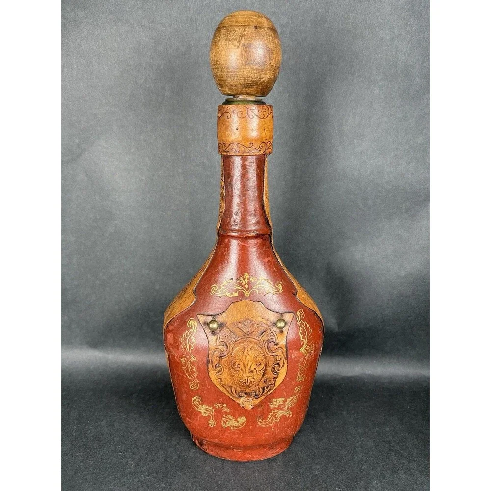 VTG Italian Leather Wrapped Decanter Bottle Fleur-de-lis Shield Crest MCM 13”